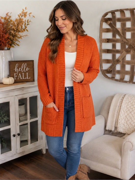 Max Studio Sweaters - Max Studio Women’s M Burnt Orange Chunky Knit Cardigan Open Front Fall Sweater